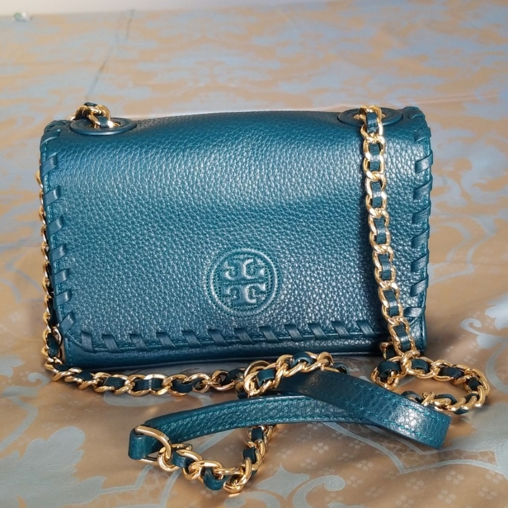 Tory Burch Teal Leather Chain Crossbody Bag with Gold Hardware